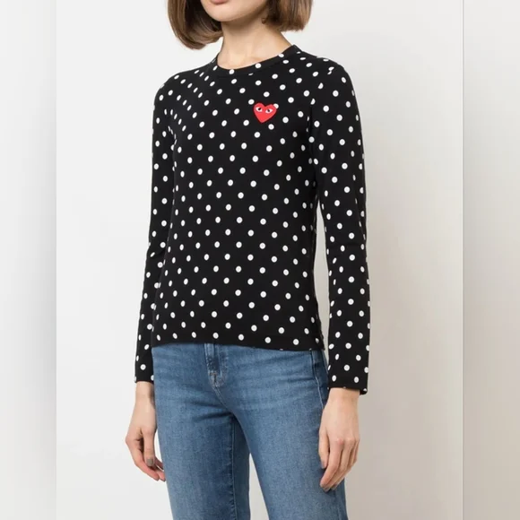 Comme Des Garcons Play Polka Dot Long 100% Cotton Tee Embroidered Heart Size L - Picture 15 of 15